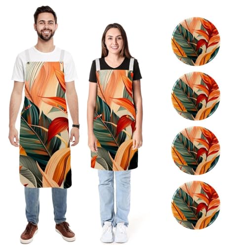 Tablier de cuisine feuilles tropicales lot de 2 avec poches
