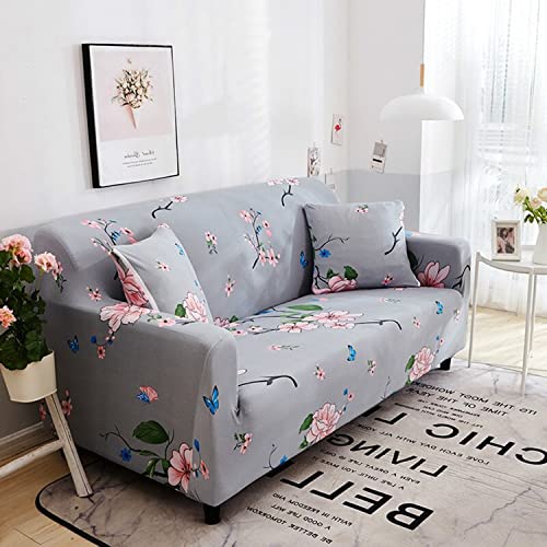Image of House of Quirk Polyester & Spandex Universal Big Elasticity Flexible Stretch Floral Prints Sofa Slipcover (Double Seater- 145-185cm, Grey Pink )