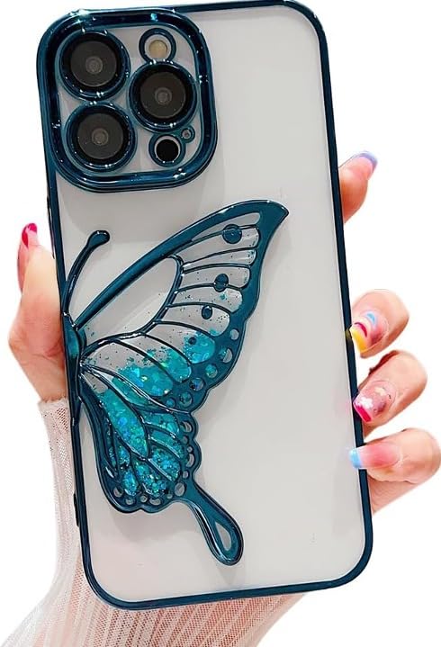 Image of PEEPERLY Back Cover Case for iPhone 14 Pro Max Scratch Resistant Anti-Slip TPU Shockproof Protective Durable Glowing Butterfly Transparent Case for Girls & Women(Blue)