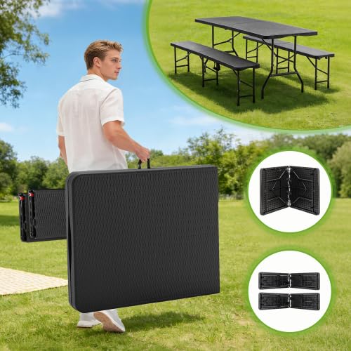Set da birreria pieghevole, 3 pezzi, in plastica HDPE, set da birra per campeggio, giardino e birreria, set da giardino con motivo albero, impermeabile e resistente alle intemperie (nero +