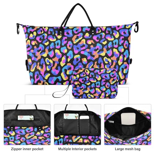Color Leopard Print Black Large Travel Duffle Bag Weekender Overnight Bags Gym Yoga Bag for Women Men with Toiletry Bag2