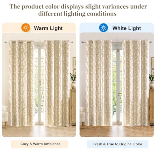 Image of HOKIPO Luxe Foliage Foil Printed Curtains 7 Feet Long Set of 2, Cream