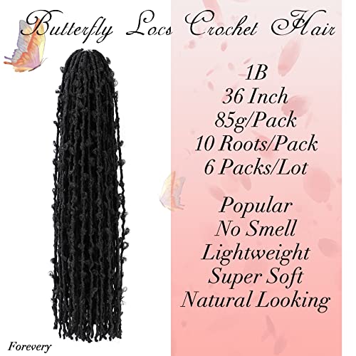 Forevery Butterfly Locs Crochet Hair 36 Inch Distressed Locs Crochet Hair 6 Packs Pre Looped Crochet Butterfly Locs Hair Light-Weight Butterfly Faux Locs Crochet Hair For Black Women (36 Inch 6 Packs, 1B#) #TOP1