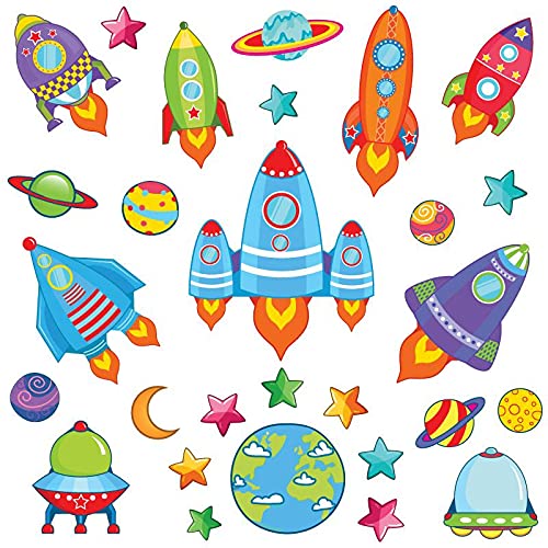 La mejor colección de Adhesivos para pared con diseño espacial, M4 TheOriginal Rock 16.M; adhesivos de talla mediana, 100 cm x 25 cm en vinilo, paquete de 28 piezas de cohete espacial, multicolor, cohetes futurísticos, naves espaciales, estrellas, planetas del sistema solar; diseños planos, vinilo, multicolor, Medium Cover