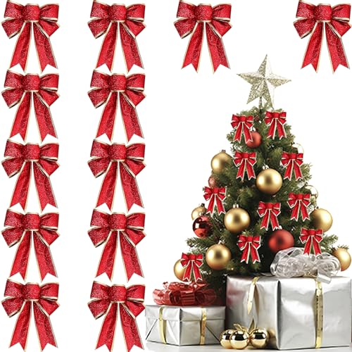 CIYIN Lazos de Navidad Rojo, 12Pcs Adornos Navideños Lazos con Purpurina, Lazos Navideños Tela para Decoración de Árbol de Navidad, Guirnalda Embalaje de Regalo Año Nuevo
