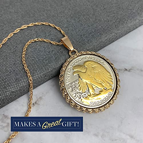 American Coin Treasures Coin Pendant Necklace Walking Liberty Half Dollar– United States Genuine Coin | Eagle Reverse Side| Goldtone 24 Inch Rope Chain | Certificate of Authenticity3