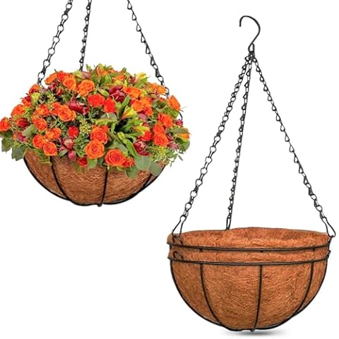 ZeeDix 3 Pack 12 Inch Metal Hanging Basket with Coconut Coir Liner- Coconut Coir Liner with Black Chain for Porch Pots Hanger, Indoor Outdoor Plant Flower Pot, Garden Decorations (12 in) Cover