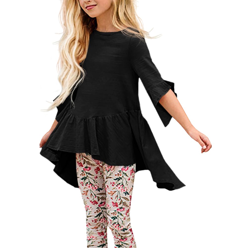 Haloumoning Niñas Camisetas Túnica Volantes Vestido Tops Mangas 3/4 Verano Otoño Lindo Alto Bajo Blusas Té