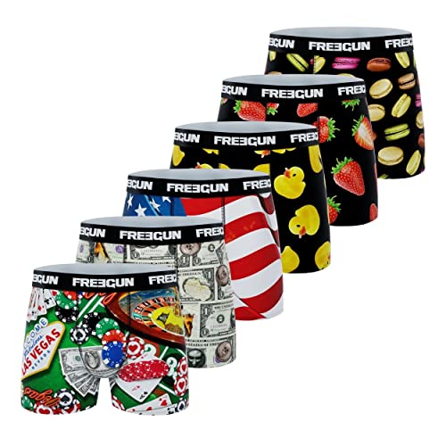 FREEGUN Boxer Enfant Confortable, Caleçon Garçon Doux et Stretch (Lot de 6), Noir, Rouge, Blanc, Taille 12/14 Ans