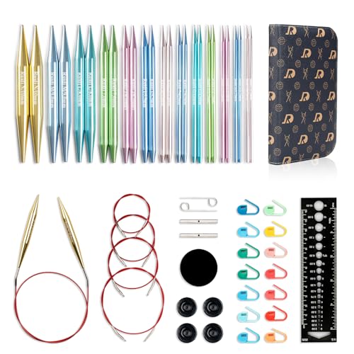 RUIDI Kit d'Aiguilles à Tricoter, Aiguilles Circulaires Interchangeables en Aluminium Léger avec Étui et Accessoires, 13 Paires d'Aiguilles Circulaires...