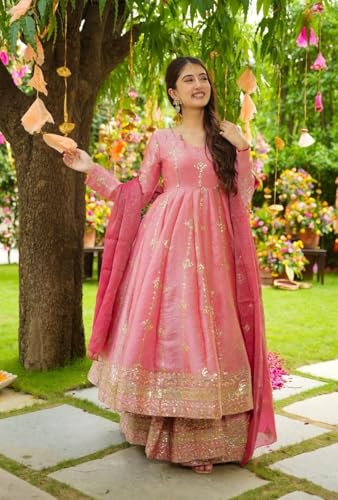 Image of Designer Heavy Crunchy Silk Anarkali Dress for Women | Fully Flared Embroidered Gown with Dupatta | Wedding