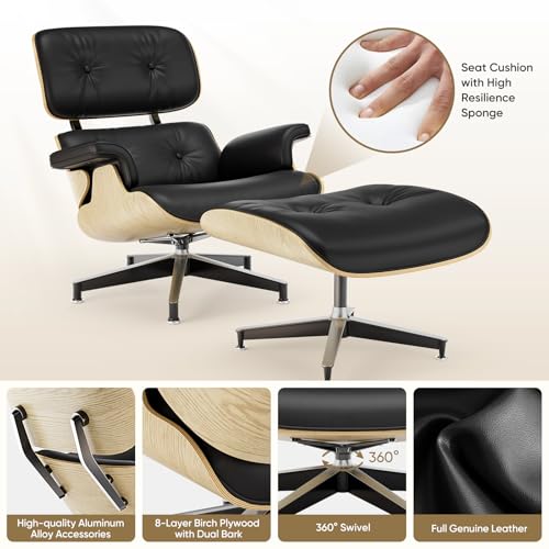 Image of Top Black Grain Leather, Mid Century Chaise Lounge Chair and Ottoman, Modern Chair Classic Design, Ash Wood, Heavy Duty Base Support for Living Room Office