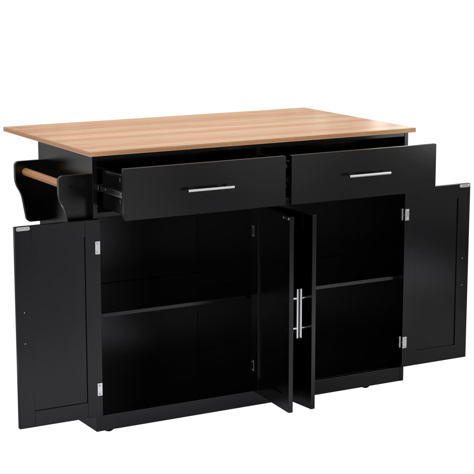 PUGSDRLY Desserte Cuisine avec Plan de Travail Pliable,roulettes et Pieds Amovibles,2 Tiroirs,Îlot Central,Buffet Cuisine,pour Cuisine,Salon et Salles à Manger,120x46x91.5(D-Noir)