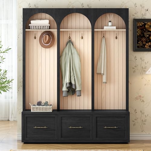 Image of Ball & Cast Farmhouse Hall Tree with Bench, 59 inch Entryway Storage Bench with Arched Design, 8 Metal Hooks, 3 Drawers Shoe Organizer, Wooden Style Coat Rack for Living Room, Black
