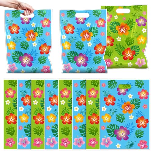 Aposwow Hawaiian Luau Party Favor Bags - 50 Pcs Hibiscus Flower Goodie Candy Gifts Bags Tropical Plastic Treat Favor Supplies Summer Moana Decorations For Hawaiian Luau Party