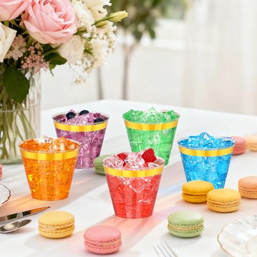 Image of 100 Pcs 9oz Glitter Gold Plastic Cups,9Oz Gold Rimmed Plastic Cups With Glitter Golden,Heavy Duty Clear Disposable Plasitc Cocktail Tumblers Wine Cup for Party,Wedding,Birthday,Holiday