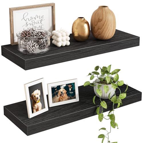 Fixwal Floating Shelves for Wall, 15.7' Wood Wall Mounted Shelves for Living Room, Bedroom, Bathroom and Kitchen, for Storage, Books, Room Decor (Black, Set of 2)