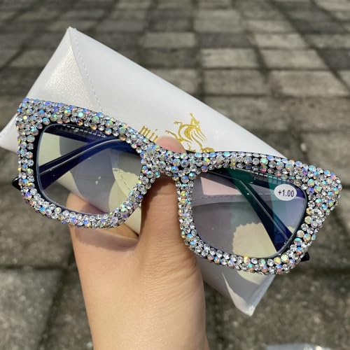 mincl Oprah style Bling Rhinestone Square Reading Glasses For Women Shiny Diamond Blue Light Blocking Eyeglasses (colorful, 1.75, x)