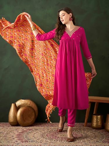Image of SheWill Women's Mustard American Crepe Zari Sequence Embroidered Alia Cut Kurta with Pant and Dupatta