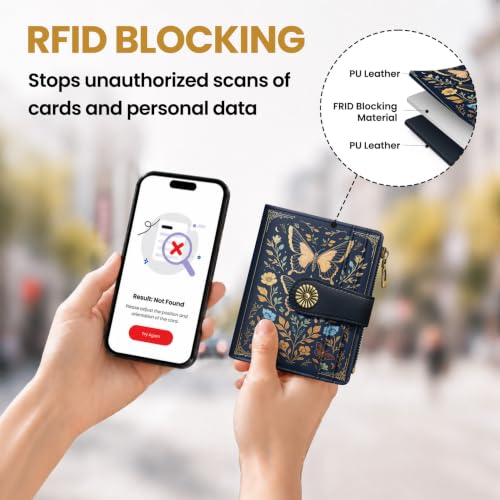 Image of Small Wallet for Women, RFID Blocking Bifold Card Holder Wallet with 10 Card Slots, Cash Compartment, Zipper Coin Pocket & ID Window, Cute Soft Vegan Leather Compact Wallet, Golden Butterfly