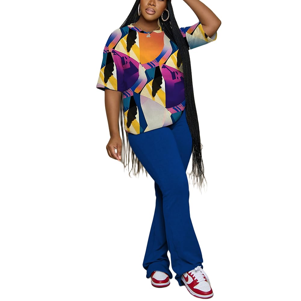PINSV Women 2 Piece Outfits Short Sleeve Top and Flare Pants Lounge Sets Tracksuit