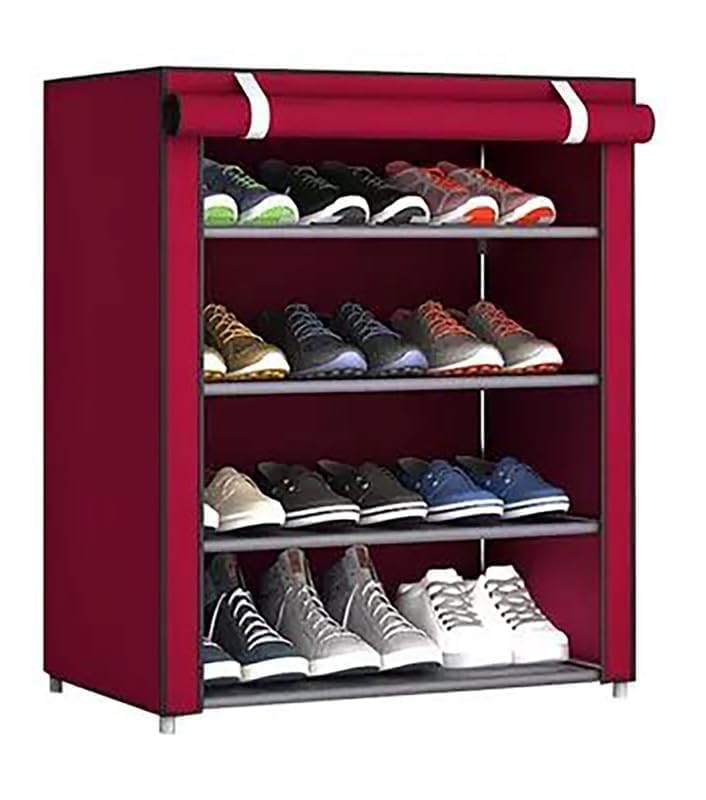 EASY BUY 4 Shelves Shoe Rack Plastic with Zip Door Cover & Side Pockets, Multiuse Storage Rack for Footwear, Toys, Clothes with Dustproof Cover-Maroon (4 Shelves, Plastic)-image-32