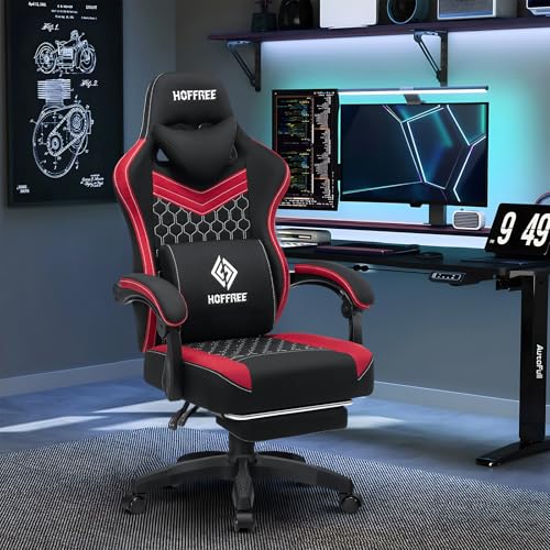 HOFFREE Gaming Chair Computer Chair Fabric with Pocket Spring Cushion Massage Game Chair with Footrest Ergonomic Gamer Chair with Lumbar Support Reclining Gaming Chairs for Adults Red and Black の商品画像 1