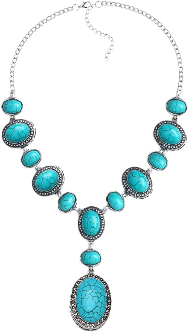 COLORFUL BLING Boho Imitation Turquoise Collar Bib Necklace Blue Stone Beads Strand Pendant Choker Necklaces for Women Bohemian Turquoise Jewelry