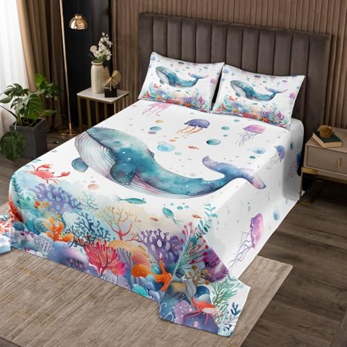 Erosebridal Cute Whale Coverlet Set King Size Marine Life Bedspread Set Dreamy Coral Jellyfish Starfish Crab Bedspread Sets for Kids Girls Boys Magical Underwater World Quilr Bed Sets