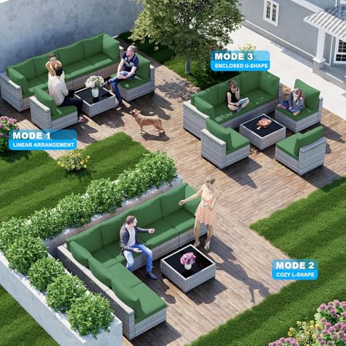 Image of Outdoor PE Wicker Rattan Modular Patio Sectional Sofa Set | 7-Piece: 6 Modular Seats & Coffee Table with Thick Cushions, Dark Green