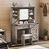 Amerlife 42 farmhouse makeup vanity desk with sliding mirror and lights glass tabletop vanity table with 2 drawers shelves for bedroom light rustic oak  urban country home decor