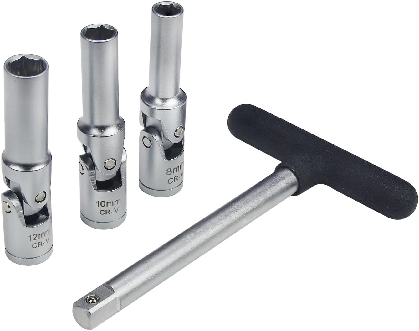 4 Piece Glow Plug Socket Set with 3/8" Dr T-Bar, Glow Plug Sizes (8mm, 10mm, 12mm) Ideal Broken Glow Plug Removal Tool