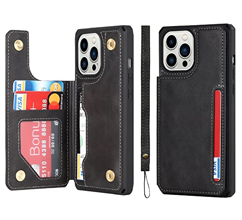 iCoverCase Compatible with iPhone 14 Pro Wallet Case with Card Slots Holder and Wrist Strap PU Leather Kickstand Double Magnetic Clasp Shockproof Cover Case 6.1 Inch (Black)