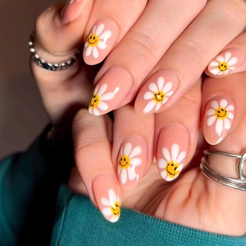 Trendy Daisy Design 24pcs Press-On Nails, Sunflower Design, Long Lasting Reusable and Unbreakable Stick-on Nails for Women with Easy Glue Tab application-image-14