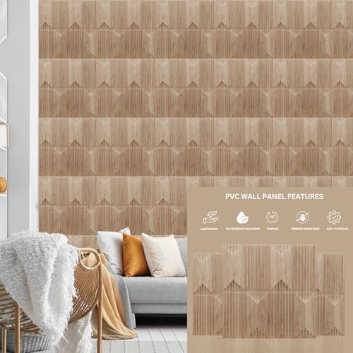 Image of Kayra Decor Wall Panels for Bedroom PVC Artisian Design, Beech Wood Color 19.7 inch x 19.7 inch (Pack of 18) - Covers 48.51 Sq. Ft.