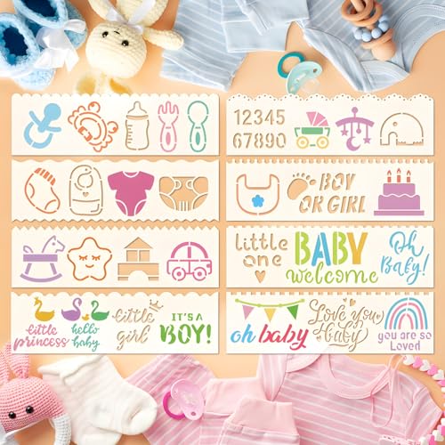 Felixcraft Newborn Stencils for Crafts Reusable, 8PCS 7.3x2.2 Inch Plastic Baby Painting Stencils for DIY Nursery Decor, Baby Shower Gifts, Scrapbooking, and Memory Books, Great for New Parents