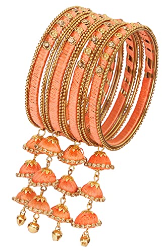 Image of NMII Metal & Silk Thread Jhumka Zircon Latkan Stylish Bangles Set For Women's and Girls | Women's Fancy Latkan Bangles Set | Ethnic Fashion Jewellery- Set of 12 Bangle, (G405 Peach-2.8(2.8))
