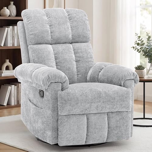 Image of Korser Recliner Chair, Swivel Rocker Recliner Chair for Adults, Small Recliners for Small Spaces, Manual Recliner Chair with Side Pockets, Nursery Rocking Chair for Living Room, Chenille, Silver Grey