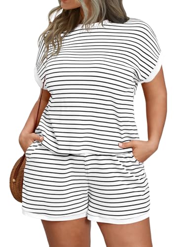 Image of Beautife Womens Plus Size Lounge Set 2 Piece Outfits Stripe Short Sleeve Shirts Tops Shorts Summer Casual Loungewear