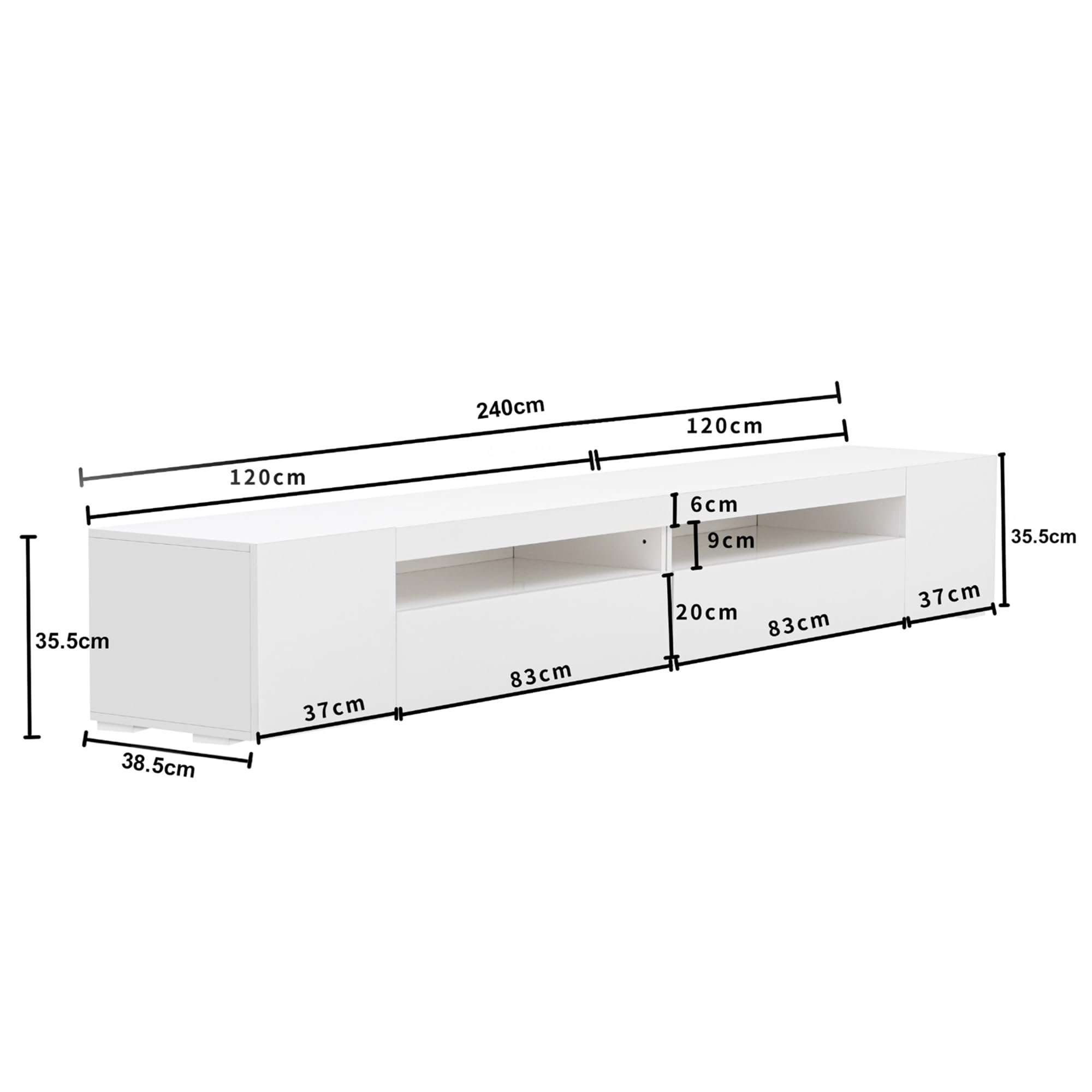 240cm TV Lowboard Weiß, Helles Panel TV Board Wohnzimmer mit Variable LED-Beleuchtung, Modern TV Schrank, Fernsehschrank, Wohnzimmer Möbel, Glänzendes Panel, Nicht Hochglänzend, Weiß