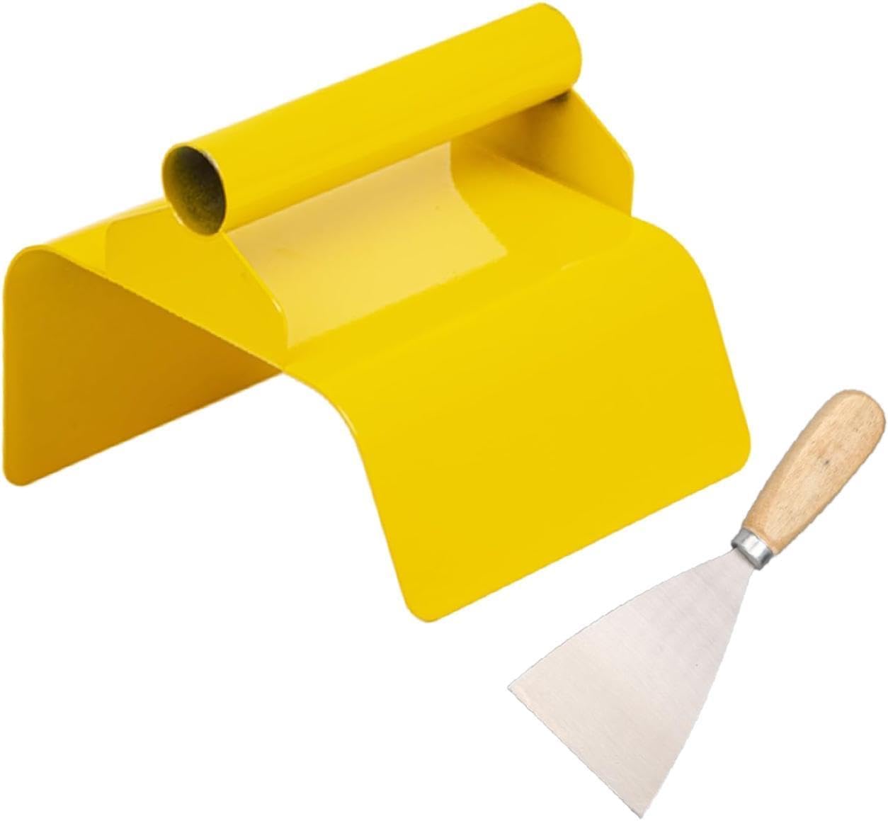 Landscape Curb Trowel Edger Tool with Putty - Stainless Steel Curved Garden Trowel for Plastering Pointing Tile Margin Finish (7.28x5.91 Inch)- Beveled Edge Yellow