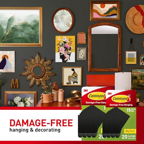 Image of Command 15 lb Large Picture Hanging Strips 40 Pairs, (80 Command Strips) Damage Free Hanging Picture Hangers, No Tools Great for Home Decor, Black Adhesive