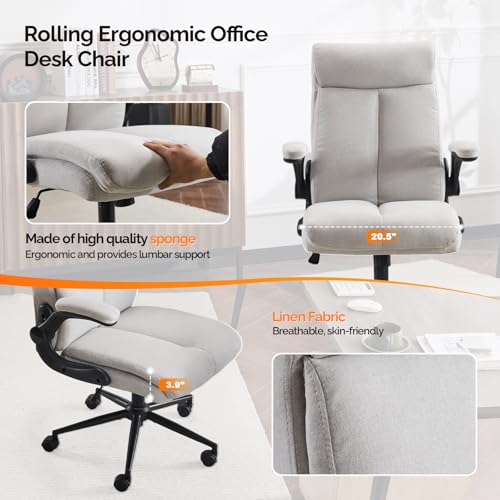 Bonnlo Silla de Escritorio con Reposabrazos Plegable, Silla de Oficina ergonómica, Silla giratoria, Regulable en Altura y Función de Inclinación, Oficina en Casa (Lino, Gris Claro) - imagen 7