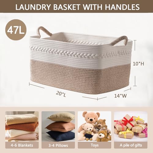 Decorative laundry basket with handles woven from natural cotton rope storage blankets for living room cute boho quilted gift baskets for clothes pillows toys 20"x14"x10",white/brown - Image 4