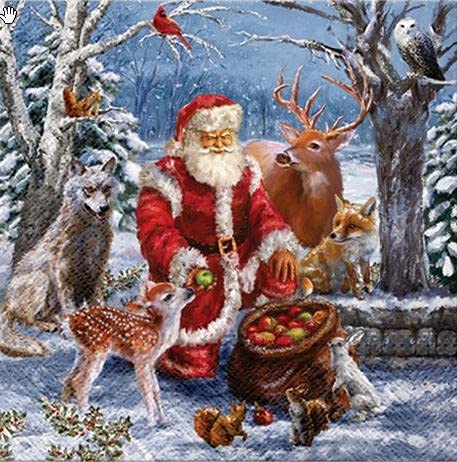 Servietten Weihnachten 20 Servietten Weihnachtsmann füttert Tiere im Wald | Santa | Winter | Weihnachten | Tischdeko 33x33cm, 33x33 cm (20er Pack)