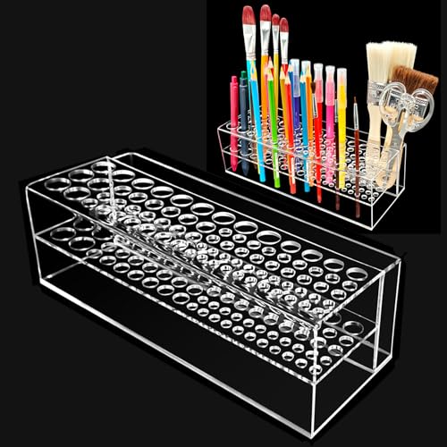 Image of Acrylic Paint Brush Holder 77 Holes and Multi-functional Compartment Paintbrush Organizer Artist Brush Holder Paint Brush Stand Rack for Pens Pencils