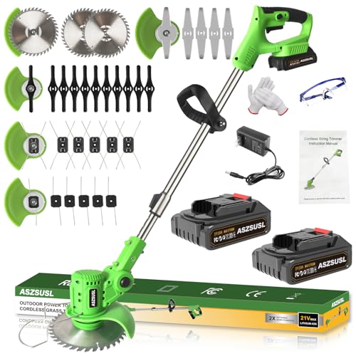 ASZSUSL Electric Weed Wacker, 21V Battery Powered Weed Eater with Charger and 2 Battery 5 Types 26Pcs Blade 3 in 1 Grass Trimmer Lawn Edger Brush Cutter for Garden Yard Lawn