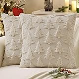 MIULEE Christmas Throw Pillow Covers Beige Christmas Decorations Set of 2 Xmas Tree 18x18 Pillow Covers Soft Plush Faux Wool Pillowcases Holiday Festivals Winter Home Decor Sofa Couch Bed Porch