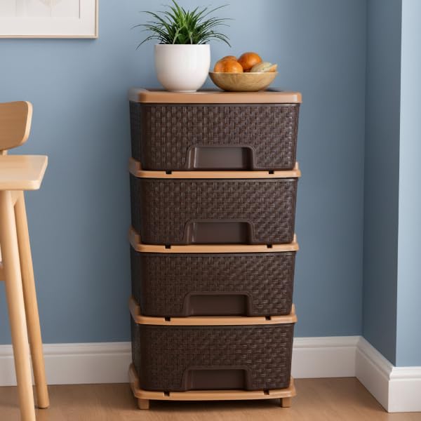Image of Plastic Modular Drawer Storage Chest Of Drawers Organizer Storage Box, Large Stomo Racks For Multipurpose Anti-slip Shoes Organizers (Brown, 4 Layer)