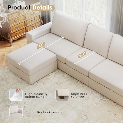 Image of Couchus 112 inch Convertible Storage Sectional Sofa,L Shaped Couch with Storage Ottoman,Multi-Functional Reversible Sofa with Huge Storage Space, Breathable Fabric (Beige)